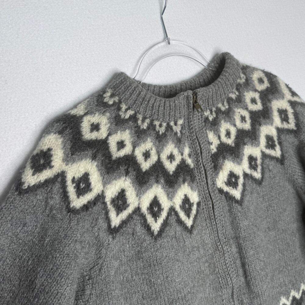 Vintage 1990s L.L.Bean Gray Fair Isle Nordic 100% Wool Zip Cardigan Sweater M - Picture 6 of 15